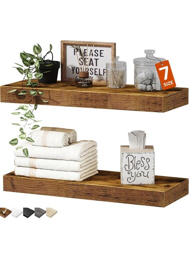 Bathroom Floating Shelves for Wall - 15.7" Wall Mounted Shelf Over Toilet Farmhouse Home Decor Display Bookshelf Small 15.7 x 6.7 inch Set of 2, Rustic Brown (008-40BN)