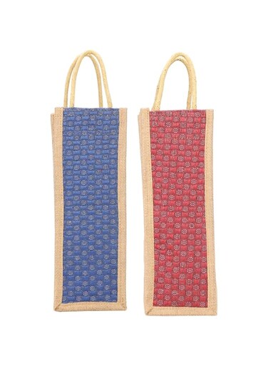 VANYA HANDICRAFT COLLECTION Fabric Jute Modern Water Bottle Bag With Handles (Blue And Red) - Pack Of 2