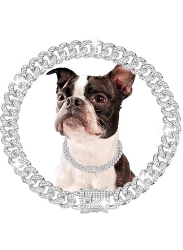 Dog Collar - Diamond Silver Dog Chain Necklace with Buckle, Metal Heavy Duty Rhinestone Dog Chain, Jewelry Chain Collars for Dogs Puppies Cats (Silver, 20cm)