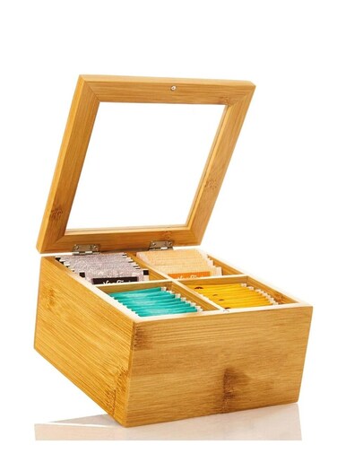 Tea Box Made with premium Quality Bamboo Material - 4 Compartment Tea Organizer - With Transparent Glass Lid
