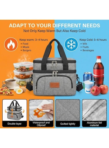 insulated lunch bag, large capacity tote bag, leak-proof design, with adjustable shoulder strap, reusable. Suitable for students, men and women, outdoor activities, office and picnic use.