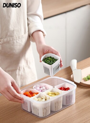 Portable Food Storage Containers with Lids,6 Grids Divided Storage Box,Fresh-keeping Boxes with Drain Baskets, Organizer Bins for Scallion, ginger and garlic