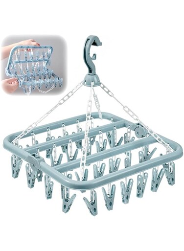 NALACAL Sock Drying Rack with 32 Pegs, Foldable Clothes Drying Hanger, Plastic Windproof Laundry Rack, Multifunction Clothes Drying Rack for Socks, Underwear, Bras, Baby Clothes (Blue - 2Pcs)
