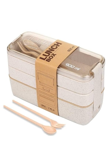 Bento Box with Cutlery Set &ndash; 3-Compartment Japanese Lunch Box, Microwave &amp; Dishwasher Safe(Beige)