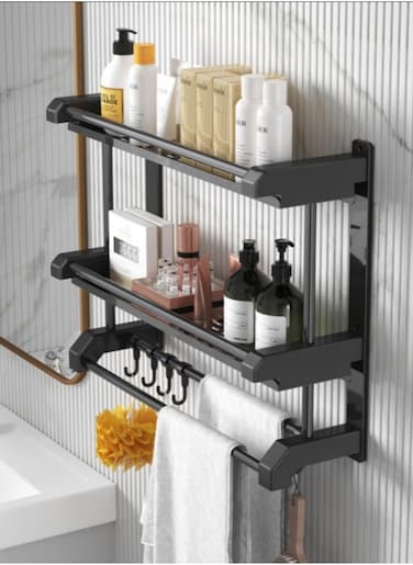 2 Tier Bathroom Wall Shelf Shower Storage Rack With Hooks,Storage Organizer Shelf For Bathroom Kitchen