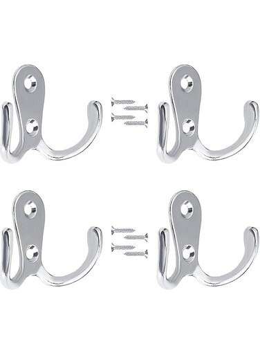 4 Pcs Double Prong Robe Hooks, Dual Coat Hooks Wall Mounted Hanging Clothes，with 8 Screws for Bathroom Bedroom Door Wall Retro Metal Cloth Hanger Double Coat Hooks