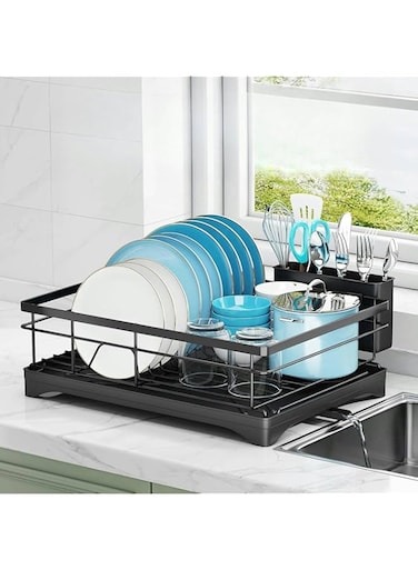 Belvery Dish Drying Rack Dish Drying Stand with Rotatable Drainage System, Utensil Holder, Large Capacity, Scratch Resistant Frosted Baking Paint Process Coatings for Kitchen Counter, Black