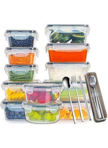 12 PCS Airtight Food Storage Containers with cutlery set, food box, Re-usable Plastic Food Containers, Meal Prep Container, prep food set, bento lunch box, bento, lunch box for adults, Microwave Safe