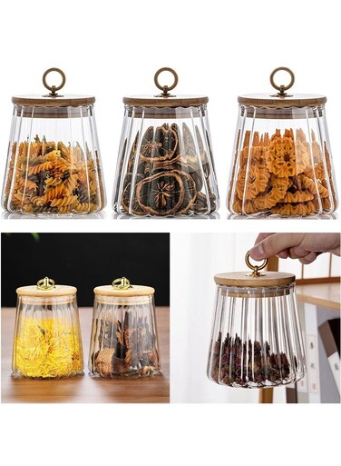 3PCS 650ml Glass Food Storage Jars with Bamboo Lids - Striped Pattern Glass Airtight Canisters for Coffee Beans &amp; Tea, Kitchen Storage Jars for Candy, Nuts &amp; Snacks (Trapezoid)