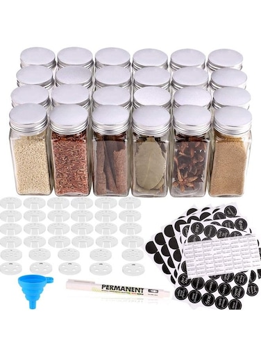 24 Glass Spice Jars with w/3 Types of Labels-4oz Empty Square Containers,Three Kinds Shaker Lids and Airtight Metal Caps-White Paint Pen Silicone Collapsible Funnel Included