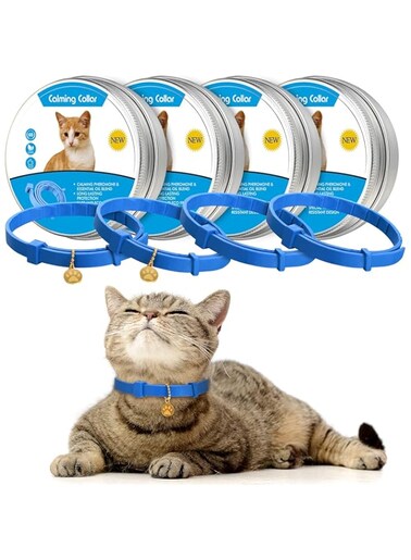 4 Pcs Cat Calming Collar Adjustable Lavender Scent Relaxing Cat Collar with 2 Pendant for Puppies Reduce Stress Aggression Anxious, up to 15 Inches/38cm (Blue)
