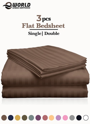 3 Piece Luxury Dark Brown Striped Bed Sheet Set with 1 Flat Sheet and 2 Pillowcases for Hotel and Home Crafted from Ultra Soft and Breathable Microfiber for Year-Round Comfort, (Single/Double)