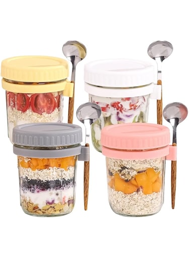 Necomi Overnight Oats Containers with Lid And Spoon,Overnight Oats Jars,Travel Food Containers,4 Pack 350ML Glass Meal Prep Container for Oatmeal - Food Storage Containers/Canning/Food Jars