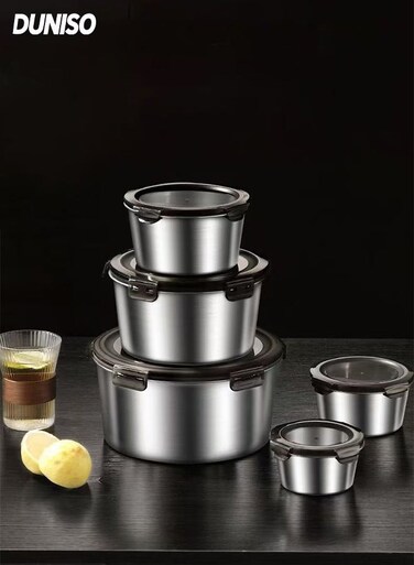 Stainless Steel Food Container Set&iuml;&frac14;&OElig; 5 Pieces in Sizes 400 ml, 600 ml, 1100 ml,2200 ml &amp; 3500 ml , Reusable Food Storage Bento Lunch Box for Picnic&iuml;&frac14;&circ;Round&iuml;&frac14;&permil;