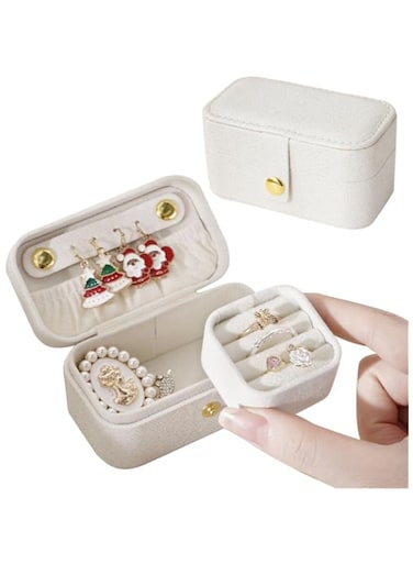 OBABO PU Leather Travel Jewelry Box,mini Organizer Jewelry Case Holder Travel Size Travel Essentials for Lipstick,Ring,Pendant,Pink Small Travel Jewelry Birthday Gifts for Women Girls (White)