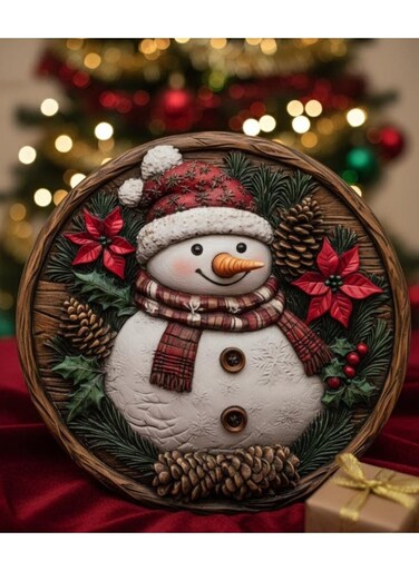 Round Ceramic Christmas Coaster 20 cm &acirc;&euro;&ldquo; Snowman Design Festive Drink Mat