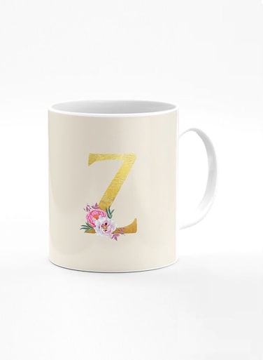 Designer Printed Coffee Mug 11oz Ceramic Personalised Gift Mugs Cup -Custom Monogram Initial Letter Floral Pattern Alphabet - Z (Albescent White)