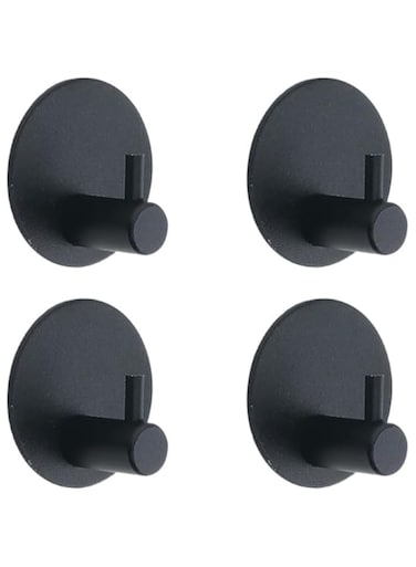 [YNOBUN]Round Hooks Bathroom Hooks Aluminium Waterproof Self-Adhesive Heavy Duty Towel Bathroom Hooks Wall Mounted Hooks for Hanging Towels, Coats, Keys and Household Kitchen Items, Set of 4 (Black)