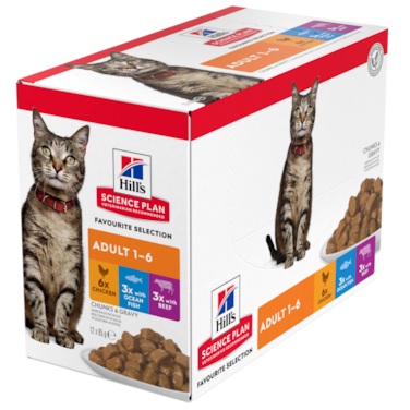 Hill's Science Plan Adult Cat Wet Food Multipack With Chicken, Ocean Fish, Beef Pouches (12x85g)