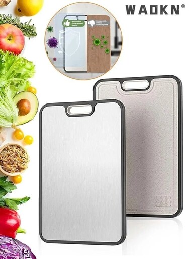 Cutting Board Double Sided Chopping Board with Grinding Function Stainless Steel Cutting Block for Meat, Fruit, Vegetable,Vegetable cutting board, anti mold and antibacterial household cutting board, kitchen double-sided food grade cutting board, 304 stainless steel and wheat straw material cutting board, meat and vegetable cutting board, anti slip silicone edge, juice trough