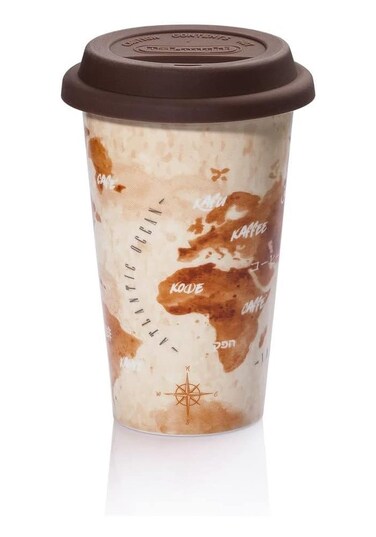 Double-Wall Ceramic Mug 300ml - Handmade Thermal Mug with Silicone Lid, Keeps Drinks Warm, Map Design for Travel Lovers, Microwave and Dishwasher Safe, Brown DLSC056