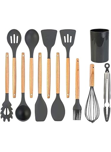AWH Kitchen Gadgets 12-piece Cooking Tool Silicone Kitchen Utensil Set Cooking Utensil Set With Heat-resistant BPA-free Silicone And Wooden Handle Kitchen Gadgets Kitchen Tool Set With Cutlery Bowl