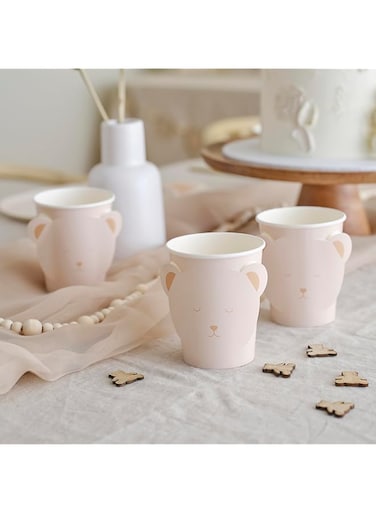 Ginger Ray White Paper Cups with Pop-Out Teddy Bear Ears Baby Shower Tableware 8 Pack, Neutral