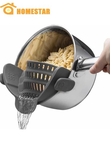 Strain Pot Strainer and Pasta Strainer, Adjustable Silicone Clip On Strakiutiner for Pots, Pans, Gray