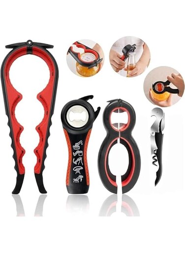 Jar Opener for Weak Hands, Seniors with Arthritis, Multi Function Bottle Opener Lid Opener For Arthritic Hands with Non Slip Rubber Jar opener Gripper Pad and Corkscrew Wine Opener (black)