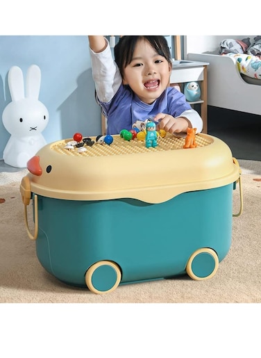 Kids Toy Storage Box, Plastic Baby Clothing Organizer with Wheels and Handle, Large Capacity Bin for Children Clothes Food Snacks Toys and Picture Books (Blue-L)