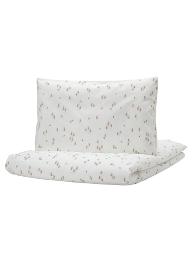 Cover &amp; Pillowcase for Cot, White/Floral Pattern, 110x125/35x55 cm
