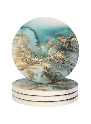 Lahome Marble Pattern Coasters - Round Drinks Absorbent Stone Coaster Set with Ceramic Stone and Cork Base for Kinds of Mugs and Cups (Blue, Set of 4)