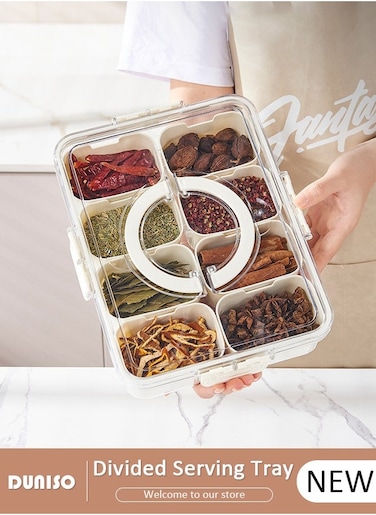 Divided Serving Tray with Lid and Handle, Clear Portable Snack Box Container, Veggie Tray Fruit Tray, 8 Compartment Square Food Storage Organizer for Snack, Fruits, Veggie, Candy, Nut, Spice
