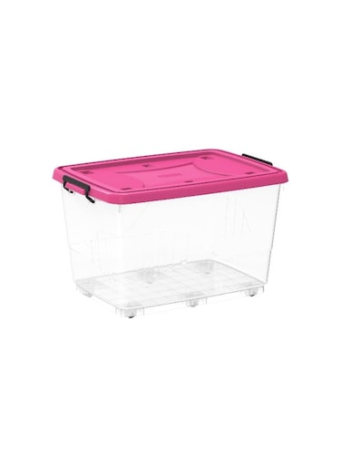 82L Clear Plastic Storage Box With Wheels &amp; Lockable Lid (Pink)