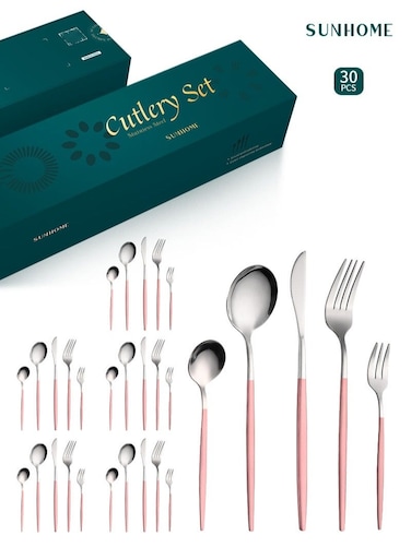 30-Piece Stainless Steel Cutlery Set Kitchen Utensil Set Western Tableware Suitable For Home Kitchen Restaurant Hotel Party Dining Picnic Dining Exquisite Packaging Gift Pink/Silver