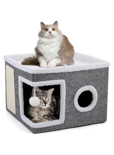 Lomeshow Cat Beds for Indoor Cats - Large Cat Cave for Pet Cat House with Fluffy Ball Hanging and Scratch Pad, Foldable Cat Hideaway for Multi Small Pet Large Kitten Kitty，Grey