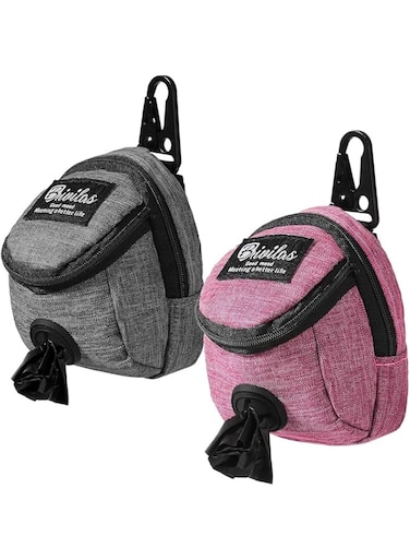 Tazweeq 2 Piece Dog Treat Bag, Pet Poop Bag, Dog Waste Zipper Bag with Metal Clip for Most Leashes (Pink, Grey)