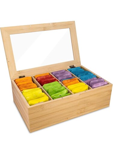ANTOLE Bamboo Tea Bag Organizer,Stackable Tea Bag Holder with Lid,Wooden Tea Box Organizer,Kitchen Countertop Storage Caddy,Tea Storage Box for Pods,Coffee,Sugar Packets