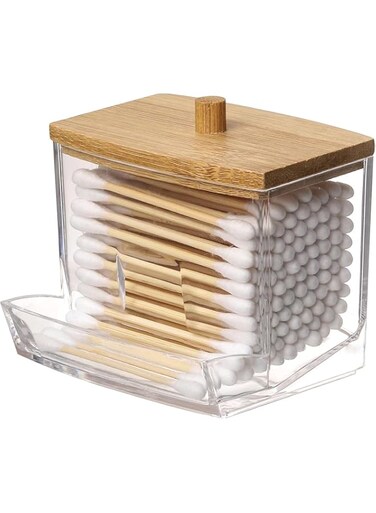 BIGTHREE 7 OZ Cotton Swab Pads Holder for Bathroom, Small Acrylic Clear Cotton Swab Ball Toothpick Dustproof Organizer with Lid, Qtip Cotton Ball Dispenser, for Bathroom Home Vanity Countertop