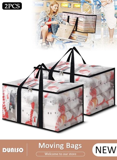 2 Pack Large Clear Moving Bags, Oversized Storage Bag with Backpack Straps, Double Zippers,Storage Totes For Space Saving, Fold Flat, Alternative to Moving Box, Sturdy Carrying Handles for Travel,Colleg2e Moving Supplies,Bedding,Clothes
