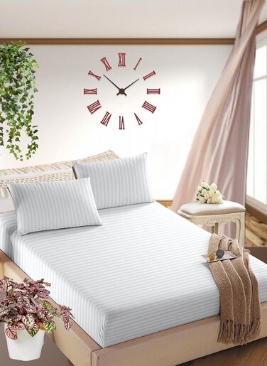White Cotton Double Striped Fitted Elastic Bedsheet Set 150x200+35cm