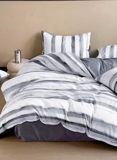 Home Single size, 4-piece, reversible duvet cover set featuring a striped design in a vibrant gray color