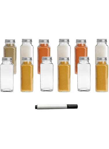 BLACKSTONE Glass Spice Bottles Set of 12-100ml Capacity, Includes 2 Pens for Labeling, Premium Glass Jars for Spices BS850