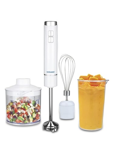 SONASHI SHB-185JCW 4-in-1 Hand Blender Chopper with Calibrated Beaker, Chopper, Whisker [White] Stainless Steel Shaft, 250W, 700ml Plastic Jar, 500ml Chopper, Speed Control, Blending Wand
