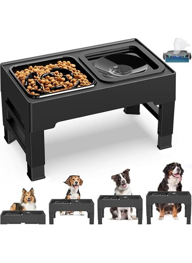 SKADE Pet Elevated Dog Bowls, 2-in-1 Raised Slow Feeder Dog Bowls Stand with Anti Spill Water Bowl 4 Height for Large Medium Dogs, Non-Skid No Shaking Dog Food Bowl