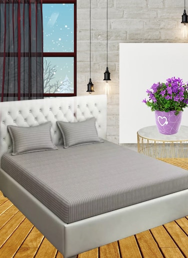 Silver Deep Pocket Double Size Striped Bed Sheet Set Cotton 150x200+25cm