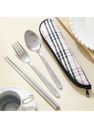Portable 4-Piece Stainless Steel Cutlery Set - Spoon, Fork &amp; Chopsticks with Storage Bag for Travel, Home &amp; Office Use