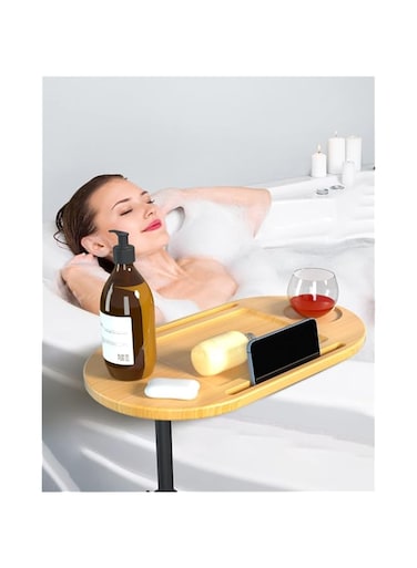 MAKINGTEC Bamboo Bathtub Tray Table, Adjustable Height Bath Tub Tray Side Table with Wine Glass/Book Slot and Phone Holder, Freestanding Design, Ideal for Reading, Relaxing and Bathing