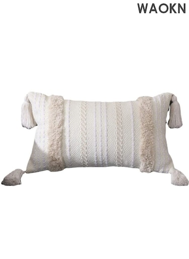 Lumbar Decorative Boho Throw Pillow Cover , 30x 50cm , Farmhouse Cute Pillowcase Minimalist Neutral Collection Cream White Tufted with Tassels Woven Cushion Cover , suitable for Sofa Couch Bedroom Living Room , beige .
