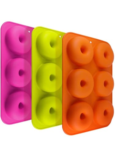 FineGood FG Molds_3 silicone doughnut moulds with 6 cavities, non stick baking tray, heat resistant, suitable for cakes, biscuits, bagels, muffins, colours: orange, pink, green, pack of 3